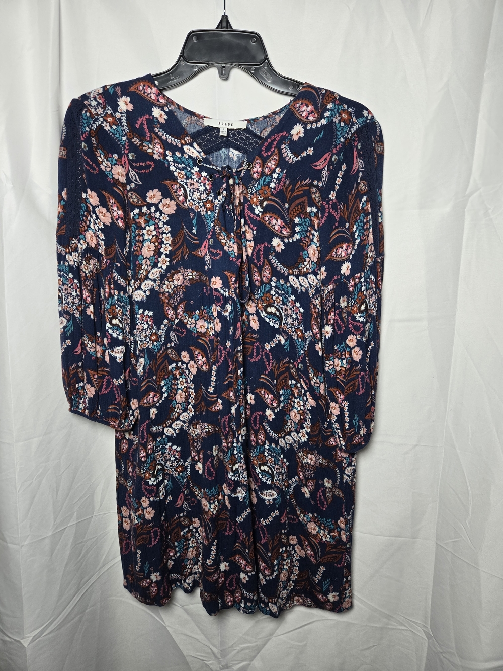 Women's Navy Boho Floral Long-Sleeve Tie-Front Dress